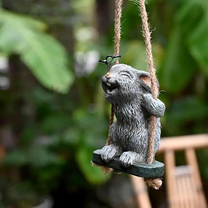 OwMell Garden Rabbit Statues, Cute Swing Bunny with Butterfly Statue Decoration for Yard Hanging Outdoor, Tree Ornaments Figurine for Stump Branch Lawn Patio Decor by GreenHaven Gardens