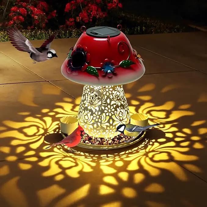 Mushroom Solar Bird Feeders for Outdoors Hanging Metal Wild Bird Feeder Garden Lantern with S Hook for Garden Decoration red by GreenHaven Gardens