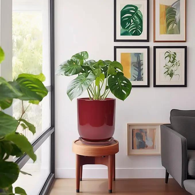 Ceramic Planter for Plants - 10 Inch Plant Pot Indoor with Drainage Hole and Saucer Modern Large Outdoor Planter Flower Pot for Home Decor Red by GreenHaven Gardens
