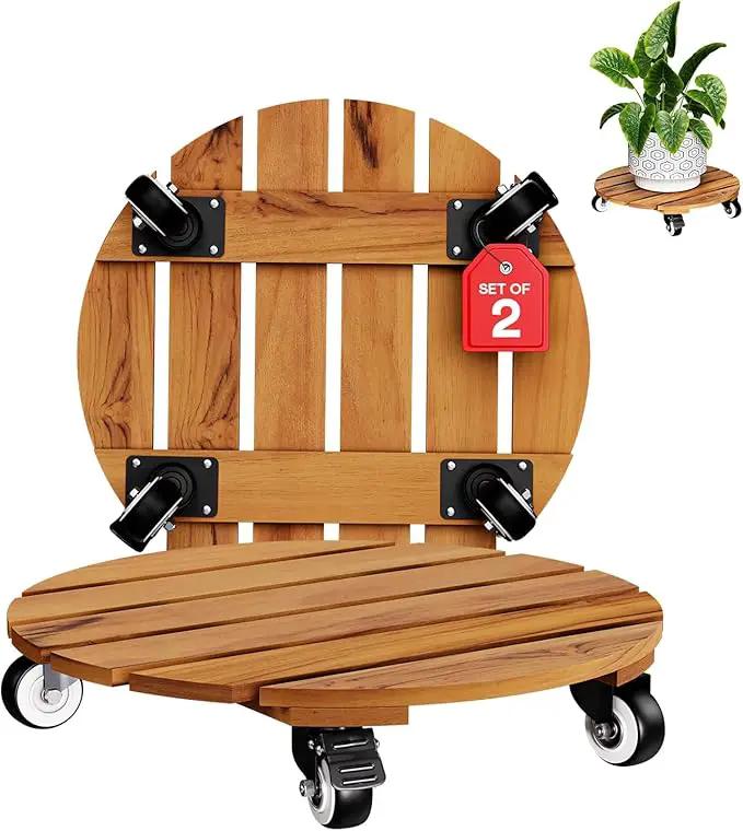 Idzo 2-Pack 14 Inch Acacia Wood Rolling Round Plant Caddy, Plant Caster for Heavy Duty Plant Stand with 360° Lockable Wheels, 264 lbs Capacity Caddy for Indoor and Outdoor Use, Natural Wood by GreenHaven Gardens