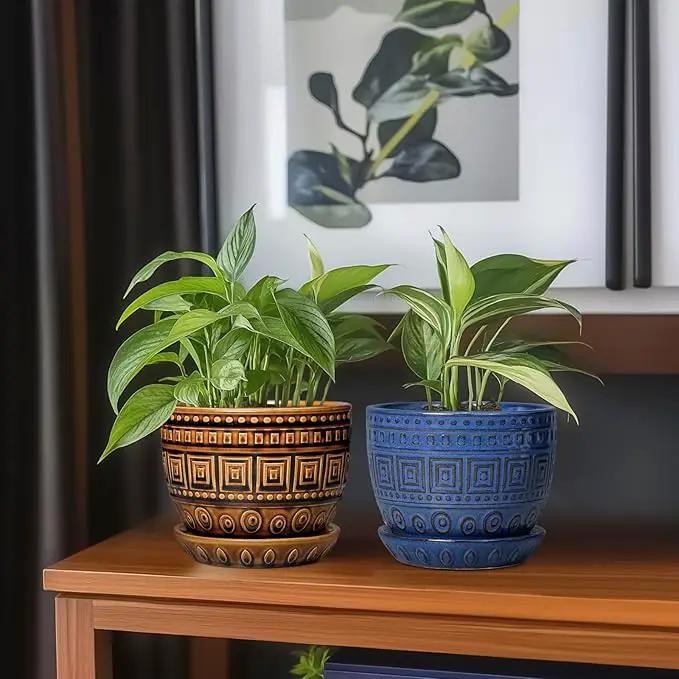 G EPGardening Succulent Pot 5.5 Inch - Ceramic Plant Pot for Indoor Plants Outdoor, Round Boho Planter with Drainage Hole and Saucer, Gifts for Plant Lovers, Office Home Garden Decor, Brown by GreenHaven Gardens