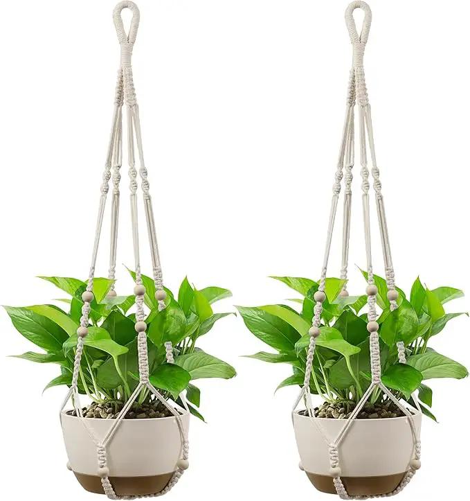 USLAI Macrame Plant Hanger Indoor Outdoor, Up to 4-15 inch Pot, Heavy 20lb Planters, Extra Long Strong Hanging Planter Basket, Boho Home Decor, 35 Inch, Ivory, Set of 2 (POTS NOT Included) by GreenHaven Gardens