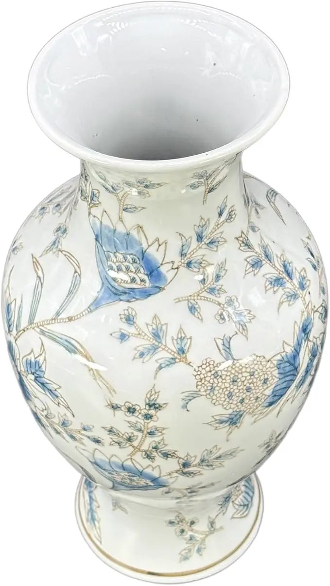 Galt International White & Blue Floral Chinoiserie Ceramic Vase 14" - Hand Painted Antique Style Porcelain Flower Bottle Fishtail Porcelain Chinese Vase for Home Decor Centerpiece by GreenHaven Gardens