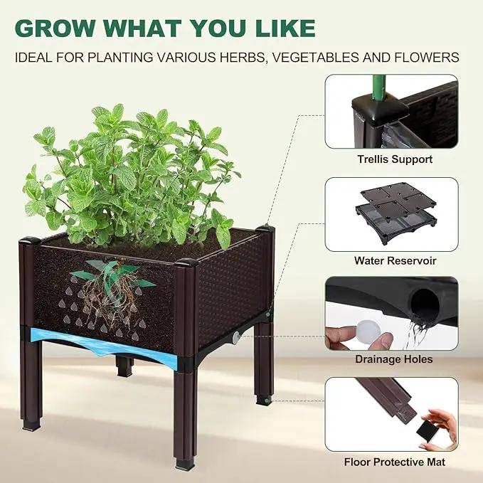 Emalie Raised Garden Beds Elevated Plastic Planter Box with Drainage Plugs Perfect for Vegetables Flowers Herbs Growing Outdoor, 63.0" Lx15.7 Wx16.5 H Brown by GreenHaven Gardens