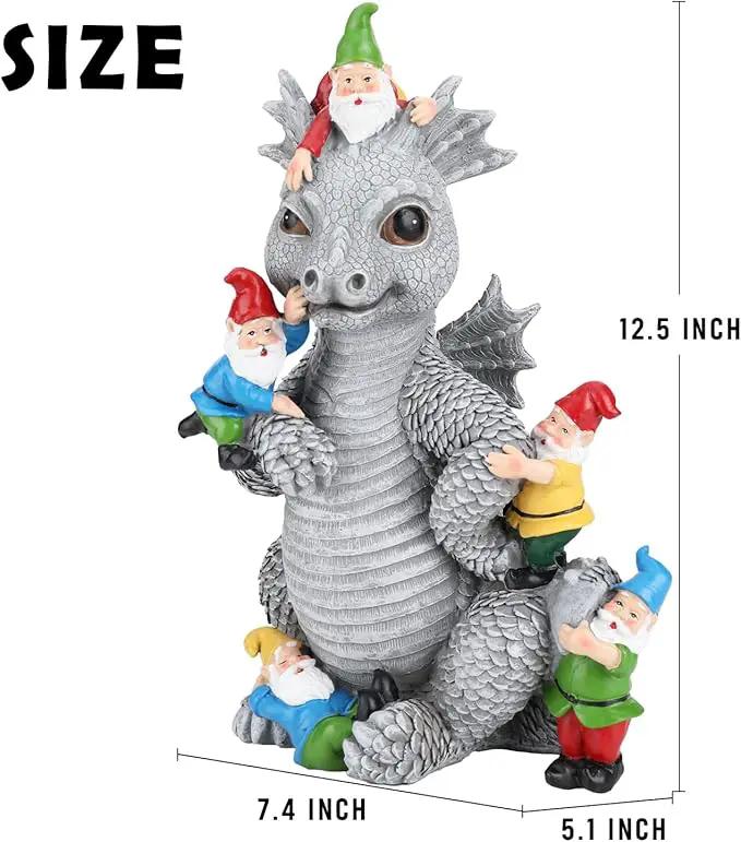 Dragon Gnome Statues Outdoor Decor, 13” Dinosaur Play with Gnomes Garden Statue, Outdoor Statue for All Season Lawn Decor, Garden Decoration, Gardening Gift by GreenHaven Gardens