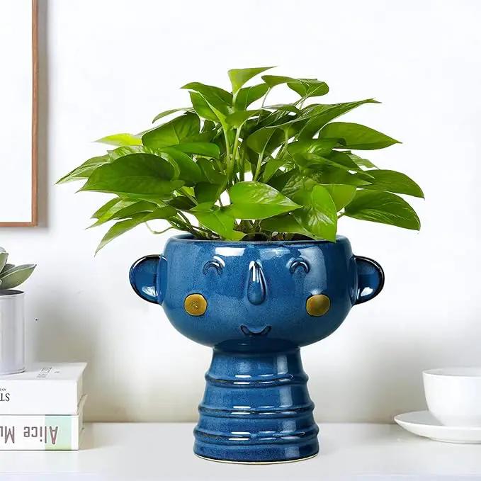 Face Planter Pot Head 7 Inch - Cute Ceramic Head Planter for Indoor Outdoor Plants Unique Flower Pot with Drainage Hole Gift Ideas for Christmas Blue by GreenHaven Gardens