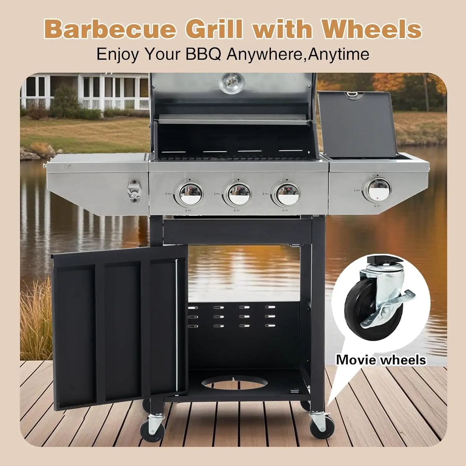 Endark 3-burner propane gas grill | 37,000 BTU stainless steel with side-fire function | with enameled cast iron grate, thermometer and side stand wheels | great for patio and garden outdoor cooking by GreenHaven Gardens