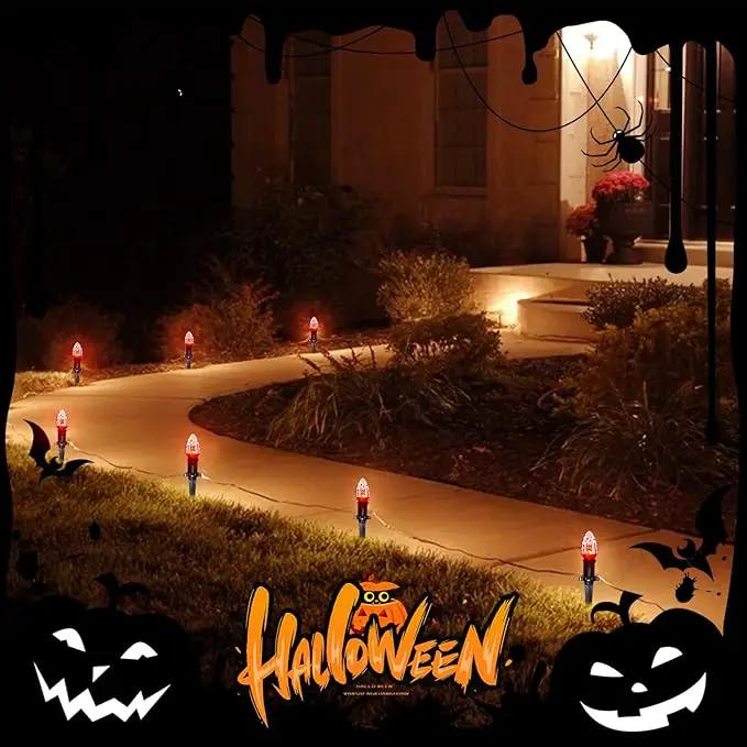38Ft Outdoor Halloween Decorations Pathway Lights, C9 Flickering Flame Pathway String Lights with 25 Stakes Lights, Plug in Halloween Walkway Light Waterproof for Lawn Yard Sidewalk Garden by GreenHaven Gardens