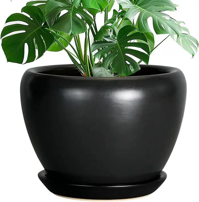 Ceramic Pot for Plants - 10 Inch Plant Pot Indoor with Drainage Hole and Saucer Large Planter Decorative Planter Modern Outdoor Flower Pot for House Balcony Black by GreenHaven Gardens
