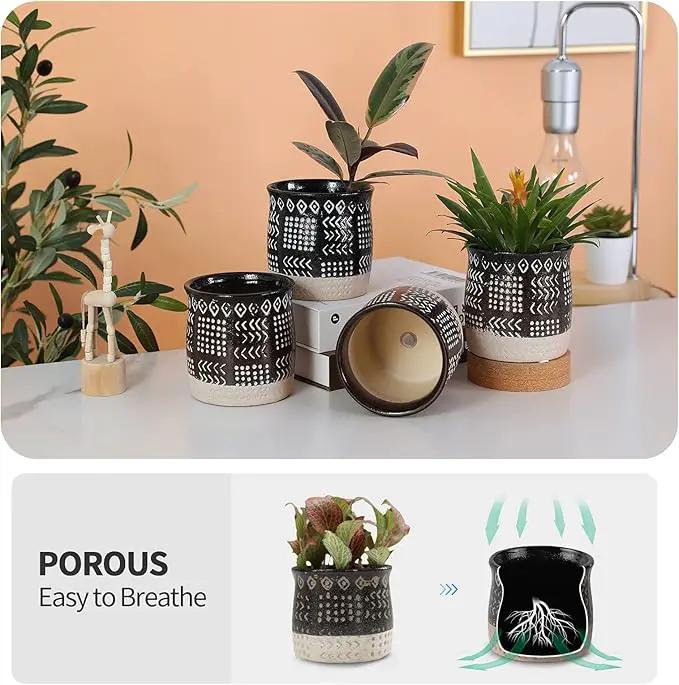OMAYKEY 4 Inch Ceramic Plant Pot with Tray, Retro Black Small Planters Pots with Drainage Hole & Mesh Pads for Succulent, Indoor Flowers, Snake Plants, Cactus, Herbs, Aloes - 4 Packs by GreenHaven Gardens