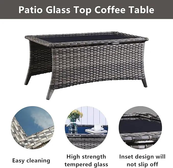Wicker Outdoor Furniture Patio Furniture Set - 6 Piece Patio Conversation Set with Swivel Rocker Chairs, Rattan Sofa, Ottomans and Coffee Table, Blue Cushion by GreenHaven Gardens