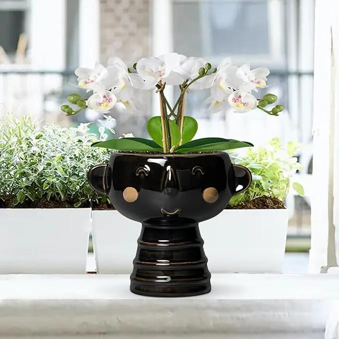 Face Planter - 7 Inch Ceramic Head Planters for Indoor Plants Outdoor, Cute Succulent Pots with Drainage Hole, Decorative Plant Pot, Home Office Room Decor, Black by GreenHaven Gardens