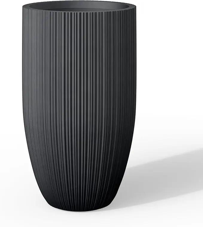 Kante 24 Inch Tall Round Concrete Planter, Large Indoor Outdoor Plant Pots with Drainage Hole and Rubber Plug, Modern Decorative Garden Pots for Home Patio Porch, Textured Black by GreenHaven Gardens