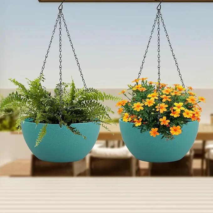 10 inch Hanging Planters for Indoor Outdoor Plants, 2 Pack Hanging Flower Pots with Drainage Holes and Chain for Garden Porch, Plastic Hanging Baskets for House Plants, Blue Green by GreenHaven Gardens