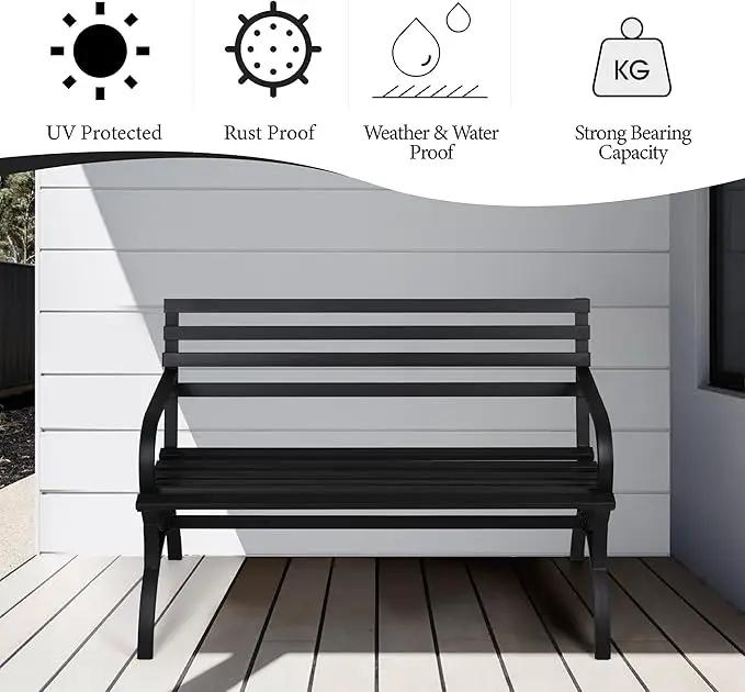 PHI VILLA Outdoor Garden Bench, 48” Long Metal Steel Bench with Backrest and Armrests, Modern Slatted Design for Patio, Lawn, Yard, Porch - Black by GreenHaven Gardens