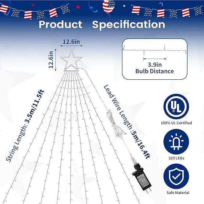 4th of July Decorations Lights, Red White Blue String Lights 320 LED 11.5 Ft Flag Stars Patriotic Light with Big Star Topper Waterproof 8 Light Modes for Indoor Outdoor Memorial Day Independence Day by GreenHaven Gardens