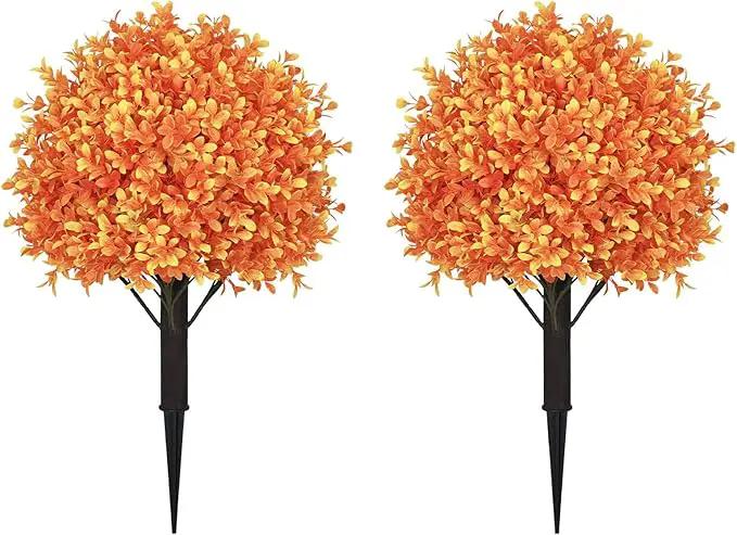 24" Tall Artificial Boxwood Ball Fall Topiary Trees Set of 2, UV Resistant Large Faux Plants Outdoor, 2ft Fake Bushes and Shrubs Look Real with Stake for Front Porch Outside Planter Backyard Decor by GreenHaven Gardens