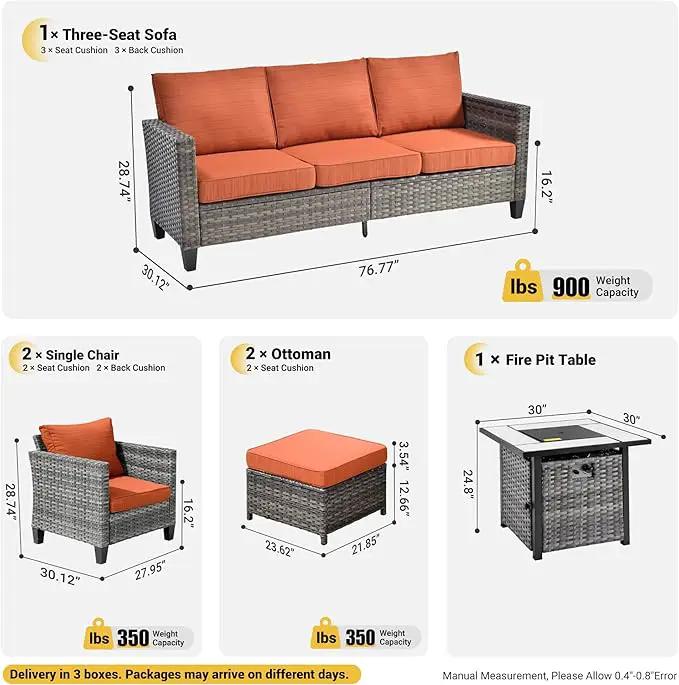 ovios 6 Pieces Patio Furniture Set with 30" Fire Pit Table, Outdoor Wicker Sofa with Comfy Cushions, All Weather High Back Rattan Couch Conversation Set, Orange Red by GreenHaven Gardens