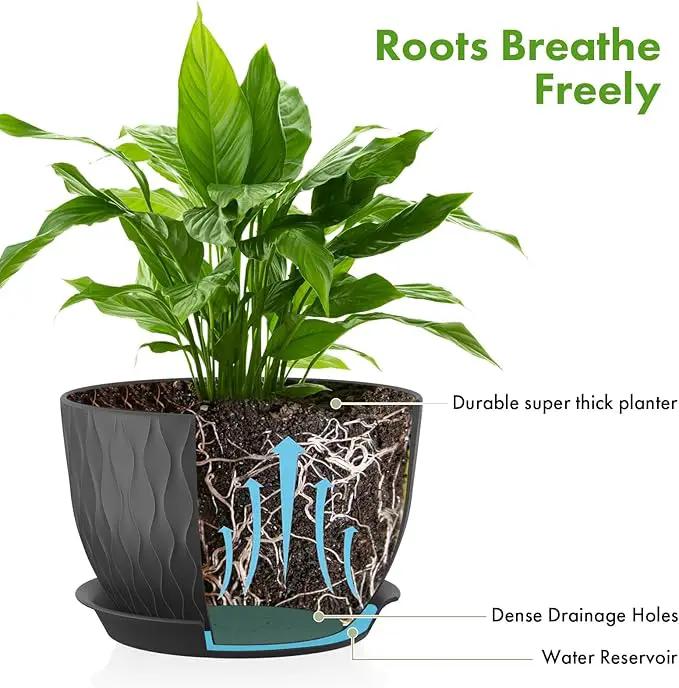 Plant Pots 12/10/9 Inch Pots, Set of 3 Plastic Planters with Drainage Holes and Saucers,Plastic Flower Pots,Nursery Planting Pot for Indoor Out Door Plants（Black） by GreenHaven Gardens