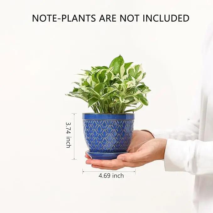 Sureasy Ceramic Plant Pots, 4.7 Inch Flower Pots for Indoor Plants, Succulent Pots with Saucer and Drainage Hole, Decorative Planter for Succulent, Cactus, Set of 4, Blue by GreenHaven Gardens