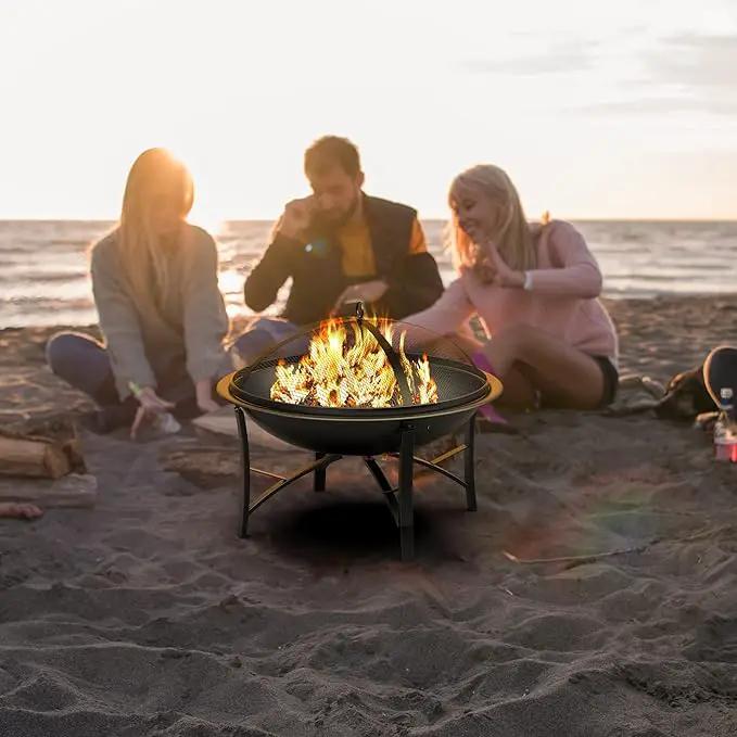 Fire Beauty Fire Pit for Outside Wood Burning,BBQ Grill Steel Fire Bowl with Spark Screen Cover,Log Grate,Poker for Camping Beach Bonfire Picnic Backyard Garden by GreenHaven Gardens