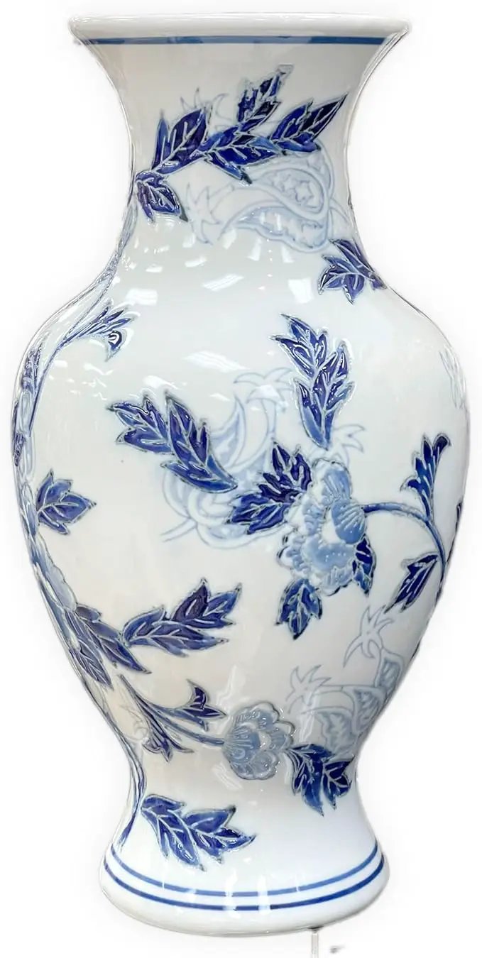 Galt International Blue and White Floral Chinoiserie Ceramic Vase 14" - Hand Painted Antique Style Porcelain Flower Bottle Fishtail Porcelain Chinese Vase for Home Decor Centerpiece by GreenHaven Gardens