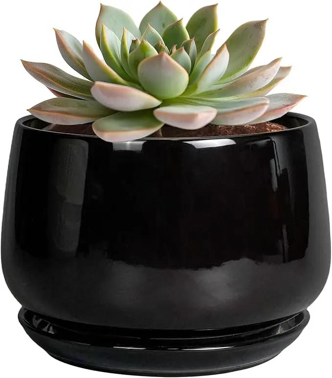 G EPGardening 6 Inch Planter - Ceramic Pot for Plants, Ceramic Planter with Drainage and Saucer, Round Flower Pot Indoor Outdoor, Modern Room Decor, Home Gifts, Black by GreenHaven Gardens