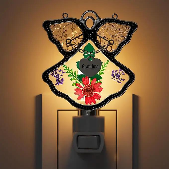 KY&BOSAM Night Light Grandma Stained Glass Angel Night Lights Plug Into Wall with Real Flower in Glass and Metal Charm Night Light for Nursery Bedroom Bathroom Accent Lite Elegant Home Decoration by GreenHaven Gardens