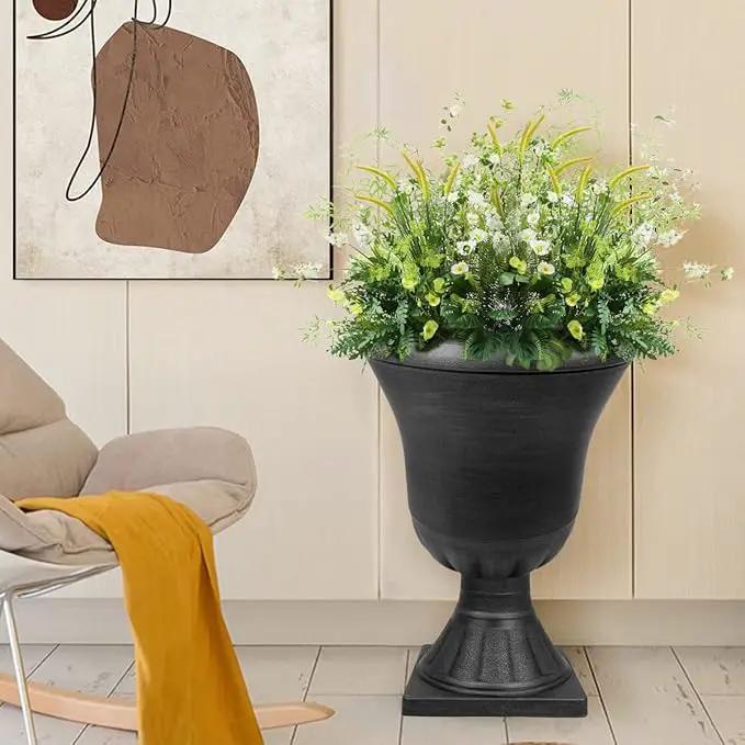 Worth Garden 2-Pack Plastic Urn Planters for Outdoor Plants, 22'' Black Tall Round Classic Resin Traditional Flower Pots - 15 in. Dia. Large Imitation Stone Decorative Pot Patio Deck Front Porch by GreenHaven Gardens