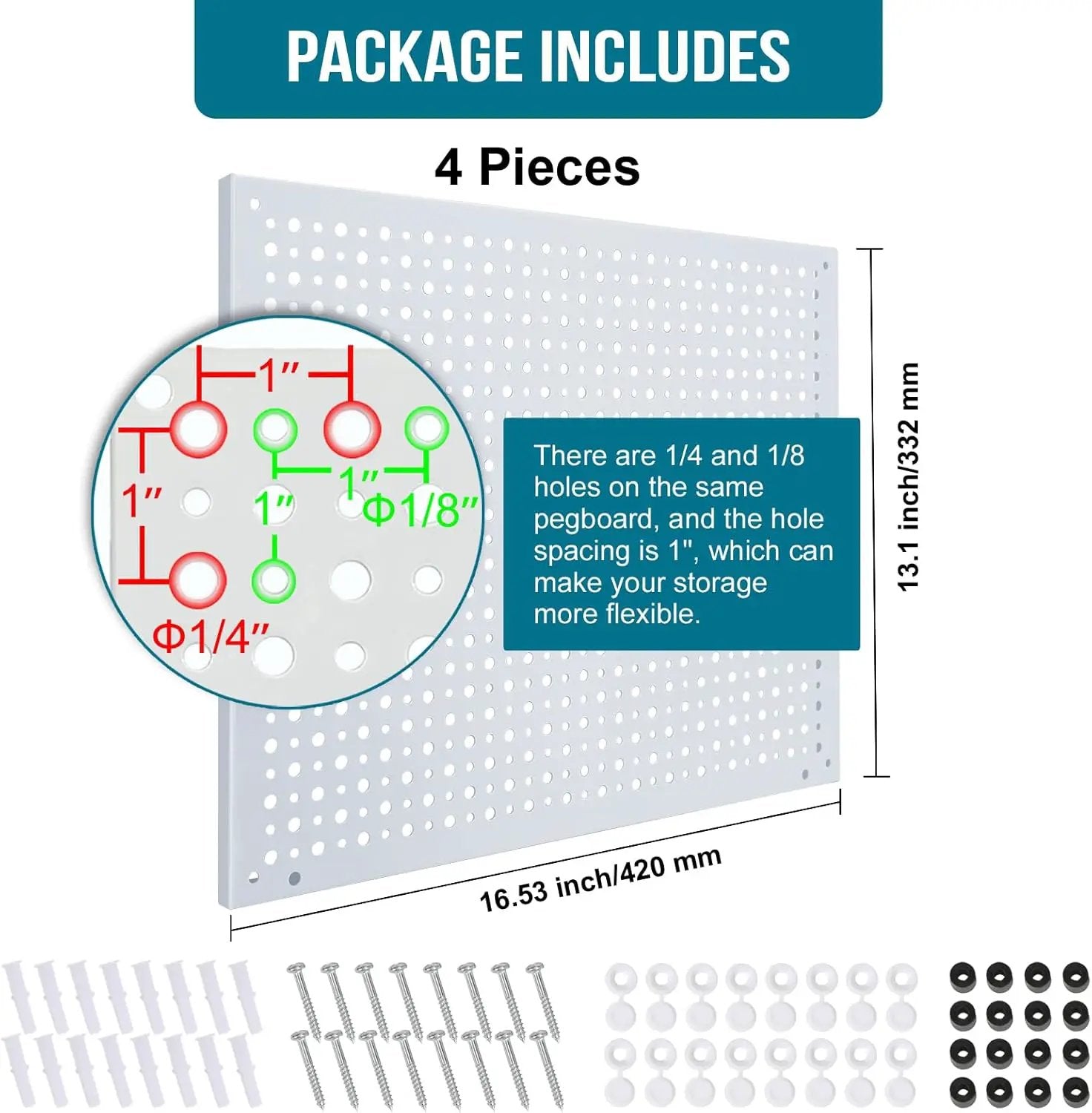 Peg Board, Heavy Duty Steel Organization Panels, Universal 1/8 and 1/4 Peg Board Accessories, Ideal for Garage Tool Storage, Pack of 4(White, 16X12) by GreenHaven Gardens