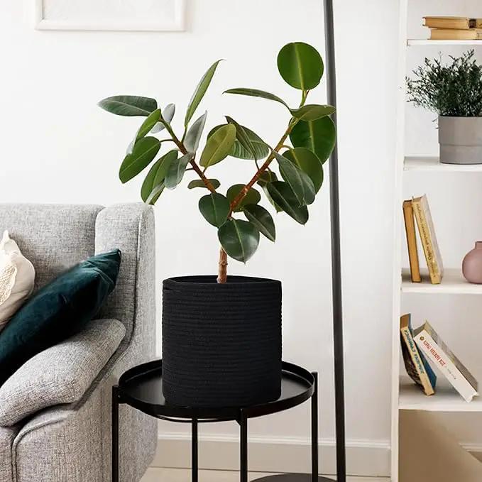 Cotton Rope Plant Basket, Woven Basket Planter for 10 inch Pot, Round Indoor Tree Pot Cover, Small Storage Bin Organizer, Modern Basket for Plants and Home Decor, 11”X11”, Black by GreenHaven Gardens
