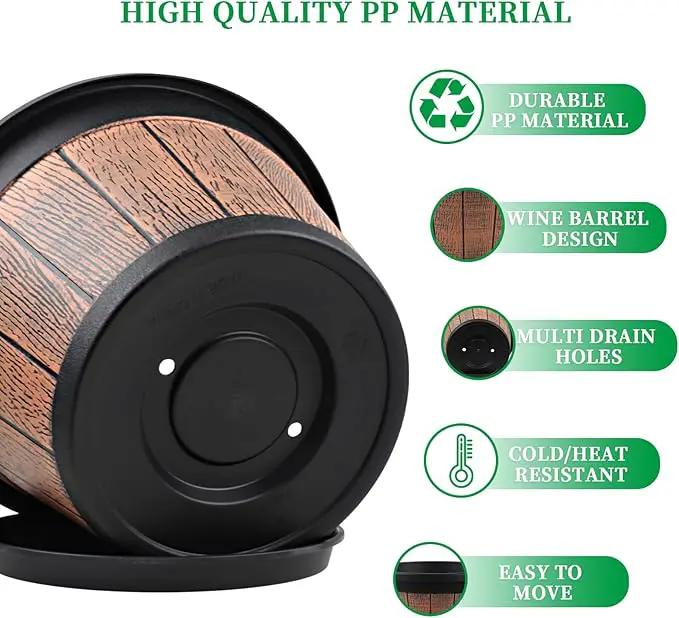 Quarut Large 4 Pack 16 inch Plant Pots,Whiskey Barrel Planters with Drainage Holes & Saucer,Plastic Decoration Flower Pots Retro Design,Planters for Outdoor Indoor Garden Balcony Plants (Brown) by GreenHaven Gardens