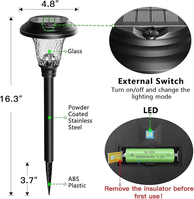 8 Pack 3 Mode Solar Pathway Lights for Outdoor Color Changing/Warm White/Bright White Waterproof Garden Stainless Steel Landscape Path Lighting Walkway Yard Lights Glass LED RGB Black by GreenHaven Gardens