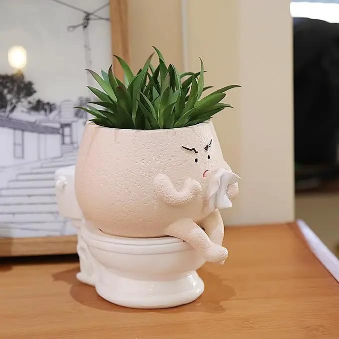 Face Planter Pots Funny Toilet Plant Pot for Indoor Plants, Cute Face Head Flower Pots Quirky Succulent Planters Gift Ideal for Home, Office, Christmas by GreenHaven Gardens