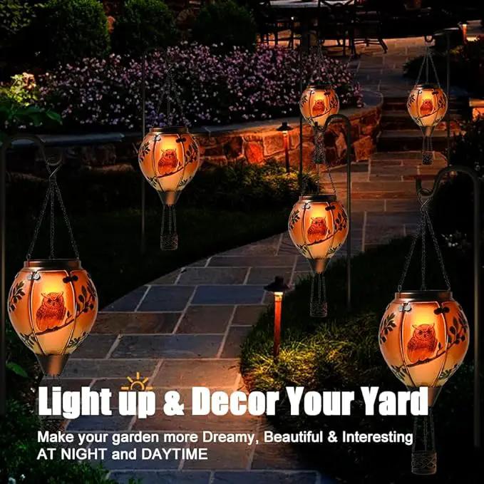 Hot Air Balloon Solar Lantern - Owl Bird Stained Glass Lantern with Simulated Flickering Flame, Outdoor Hanging Yard Light Waterproof IP65 & Weather Resistant for Patio Lawn Porch Decor Gfit by GreenHaven Gardens