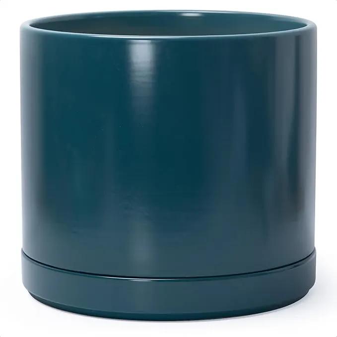 D'vine Dev 14 Inch Ceramic Planter Pot with Drainage Hole and Saucer, Indoor Cylinder Round Planter Pot, Teal, 94-O-G-9 by GreenHaven Gardens