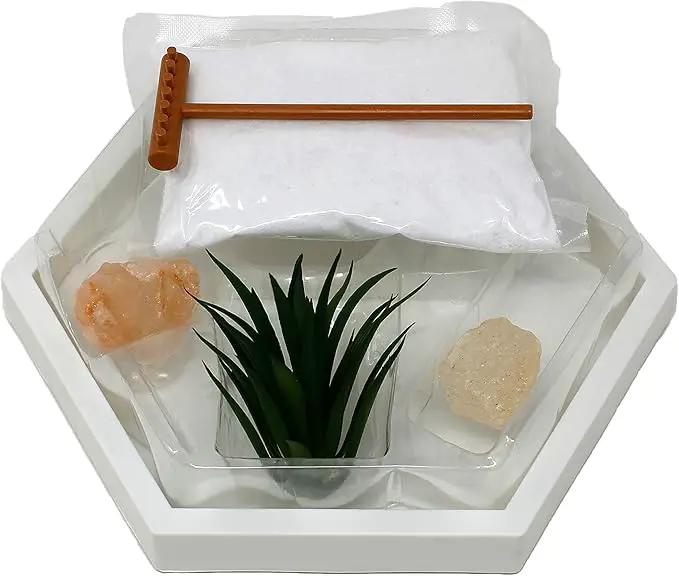 Nature's Mark Mini Zen Garden Kit for Desk with White Sand, Rake, White Base, Salt Rock and Air Plant (Hexagon) by GreenHaven Gardens