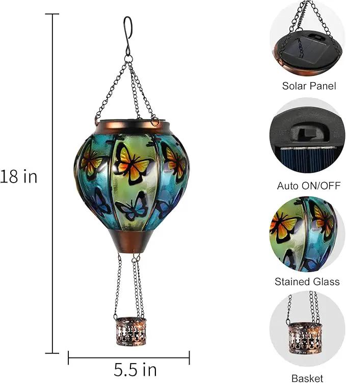 Butterfly Hot Air Balloon Solar Lantern, Solar Hot Air Balloon Flickering Flame Hanging Garden Light Candle LED Light Glass & Metal Waterproof Outdoor Lanterns Yard/Patio Decorative, Gift for Mom by GreenHaven Gardens