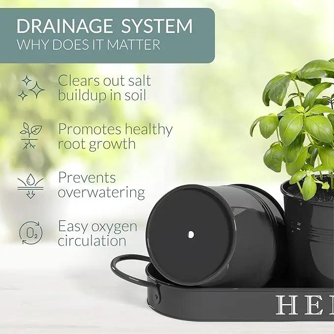 Barnyard Designs Indoor Herb Garden Planter Set with Tray, Metal Windowsill Plant Pots with Drainage for Outdoor or Indoor Plants, Set/3 (Black) by GreenHaven Gardens