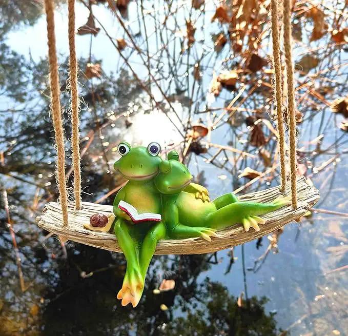 Artisan Flair Hanging Swing Frog Statues - Frog Statues for Garden Outdoors, Reading Book Frog Statue Figurine, Resin Couple Frog Statue for Garden, Balcony, Tree Decoration by GreenHaven Gardens