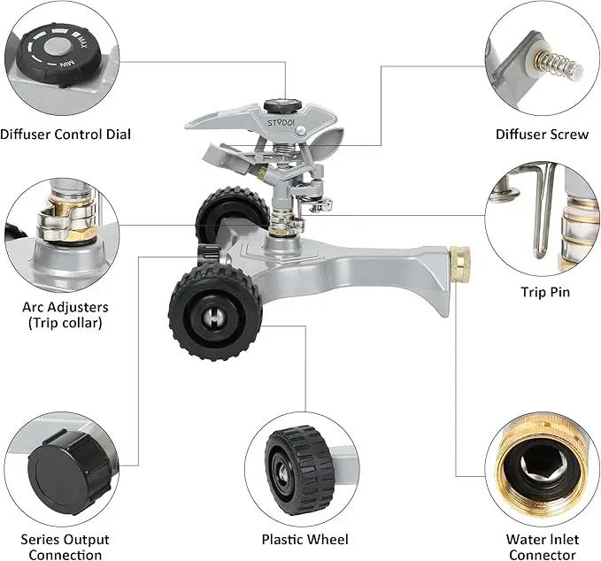 STYDDI Metal Pulsating Sprinkler on in-Series Metal Wheeled Base, Adjustable Circular Water Sprinkler for Medium to Large Circular Lawn, Yard, Garden and Large Areas, Coverage up to 6,360 Sq. ft by GreenHaven Gardens