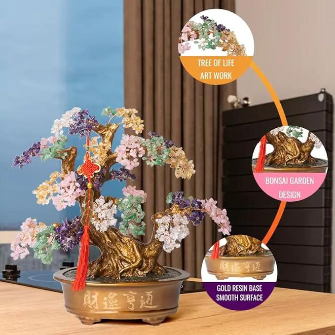 Natural Chakra Gemstone Crystal Bonsai Tree of Life（1,350 Gemstone Count） Large Feng Shui Money Tree for Luck and Wealth Desk Decoration 20 Inches by GreenHaven Gardens