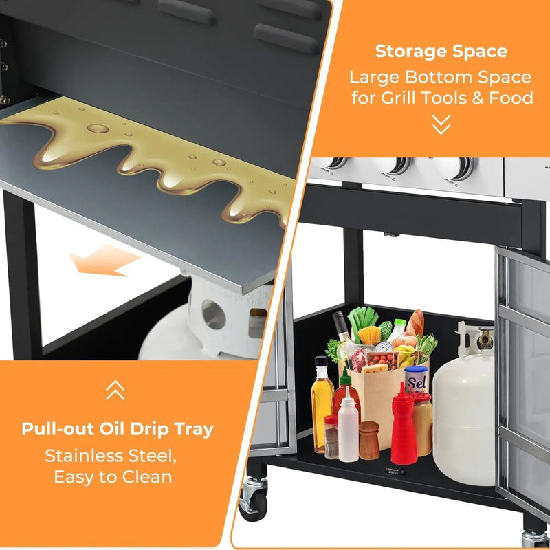 4 Burner Gas Grill with Side Burner, Dual-sided Frying Pan, Built-in Thermometer, Wheels, Side Table, Stainless Steel Burner, 47,000 BTU Outdoor Grill for Patio, Garden, Balcony by GreenHaven Gardens