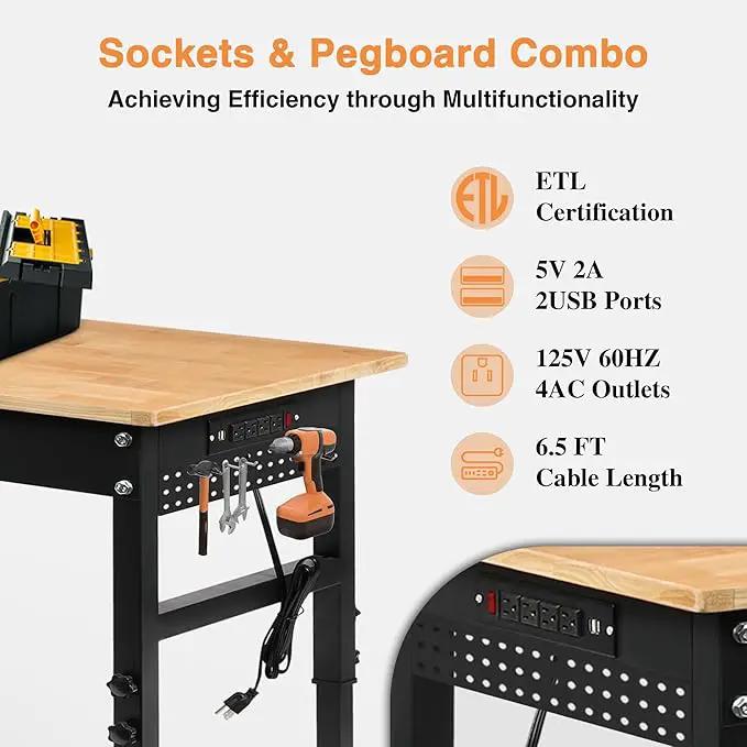 70" Adjustable Height Workbench, 2000 LBS Heavy Duty Work Table with Power Outlets & Pegboard, Rubber Wood Workstation for Garage, Workshop, Office, Home, Commercial by GreenHaven Gardens
