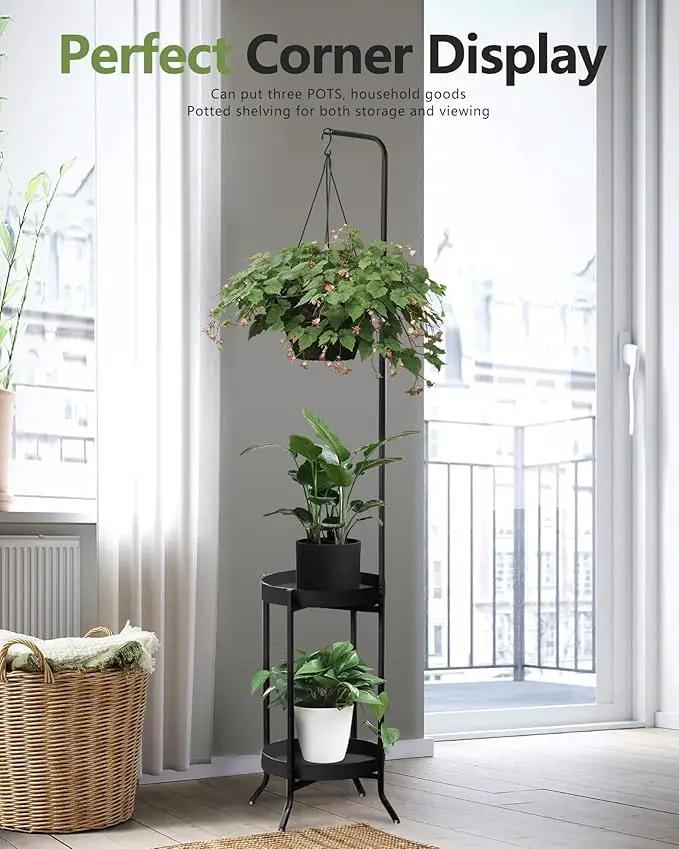 Hanging Plant Stand Indoor Outdoor, Space-Saving Corner Metal Plant Shelf 3 Potted Flower Pot Stand, 2 Tier 61" Tall Modern Planter Holder for Patio Garden Balcony Living Room Bedroom, Black by GreenHaven Gardens