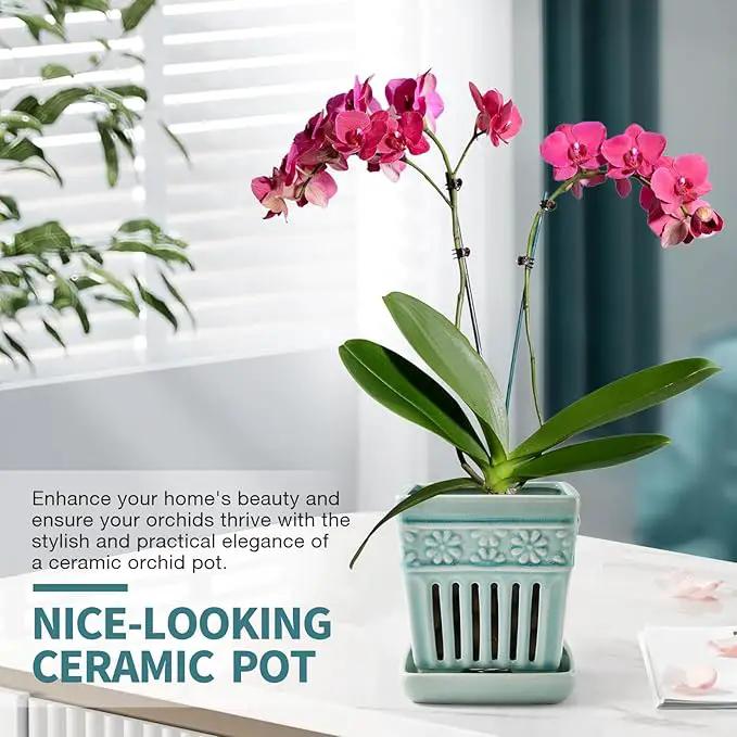 Orchid Pots with Holes | 5" Ceramic Orchid Planter with Separate Saucer and Drainage Holes | Crackle Glazed Pottery Small Flower Pot for Repotting Orchids（Blue） by GreenHaven Gardens