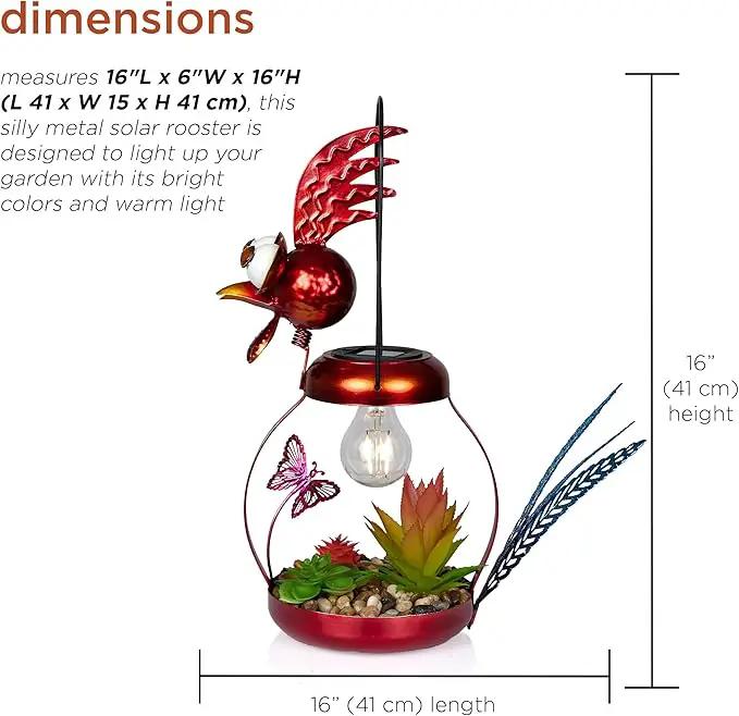 Alpine Corporation LYT286SLR-HH Solar-Powered Metal Rooster w/Garden Enclosed LED Light Decor, Solar Patio Decor, 16''H, Red by GreenHaven Gardens