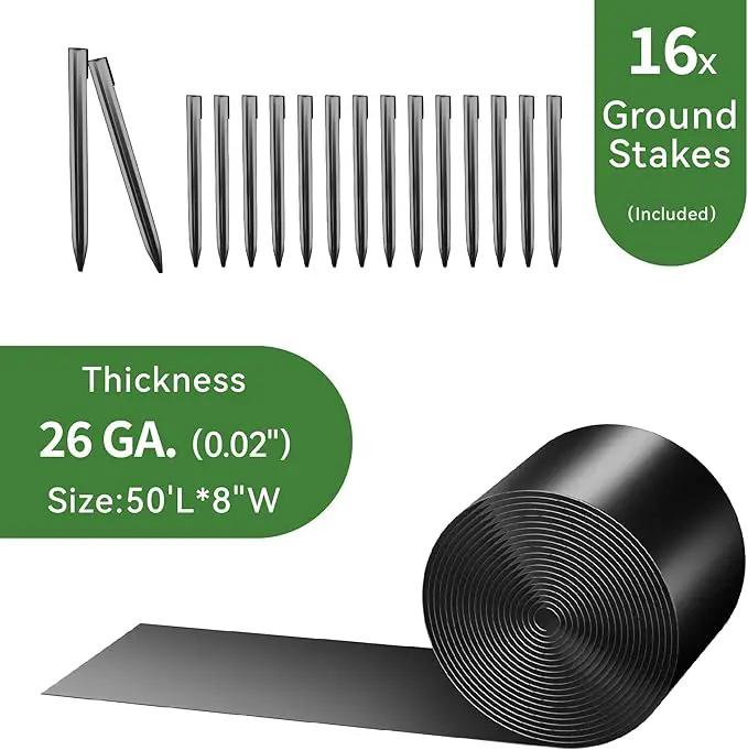 Worth Galvanized Steel Landscape Edging 8" x50' Metal Garden Edging Roll Flexible Bender Border with 16Pcs Stakes for Lawn, Flower Bed Edges, Black by GreenHaven Gardens