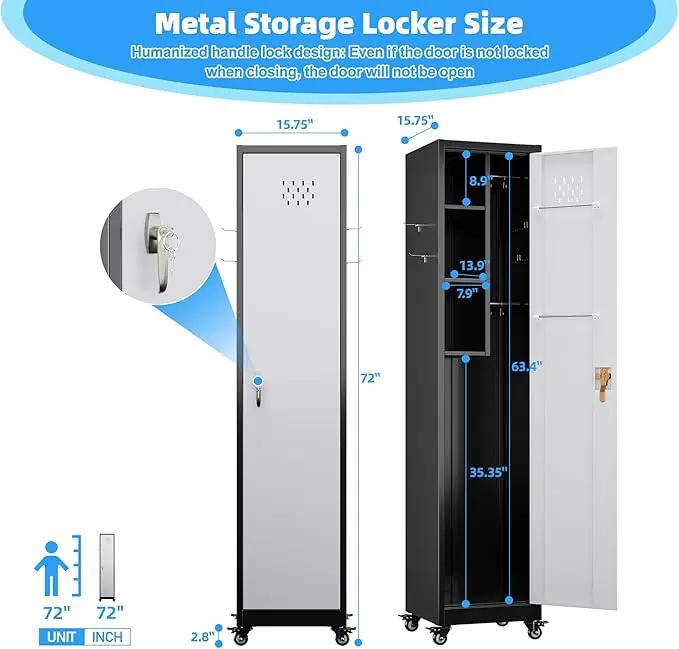 72''H Metal Broom Closet Storage Cabinet with Wheels & Pegboards, Mops Broom Closet Organizer with Locking Door & Hanging Rod,Cleaning Tool Garage Cabinet,Assembly Required,Black White by GreenHaven Gardens