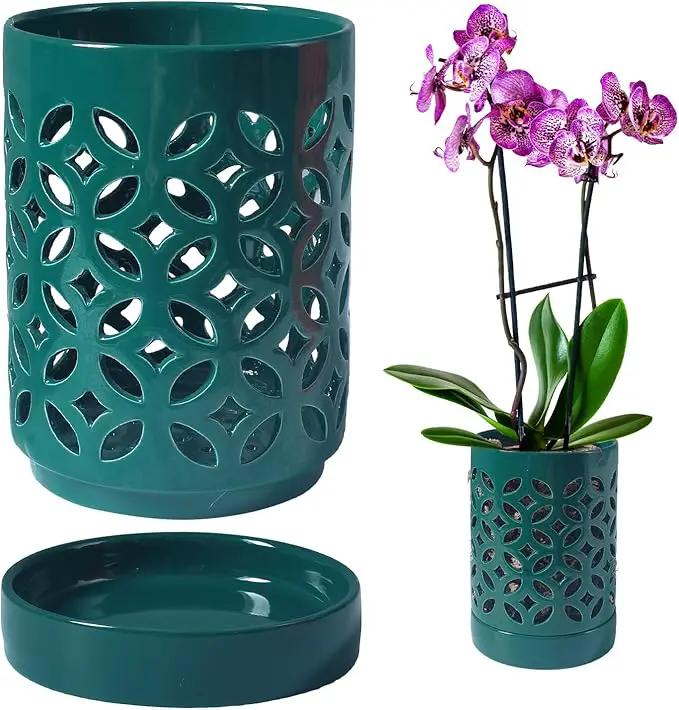 Orchid Pot 4 Inch, Orchid Pots with Holes & Saucers for Repotting, Breathable Slotted Orchid Pots Flower Plant Nursery Pot Green by GreenHaven Gardens